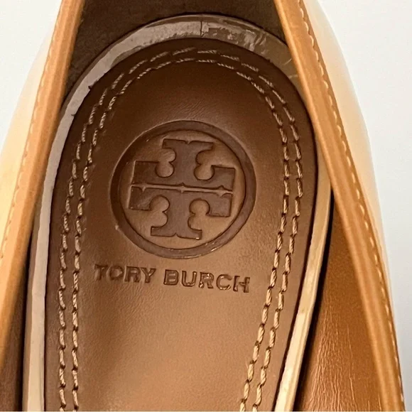 Tory Burch Louisa 7.5 Wedge Wrapped Heels Tan Brown Patent Leather Pump Shoes - Picture 7 of 14